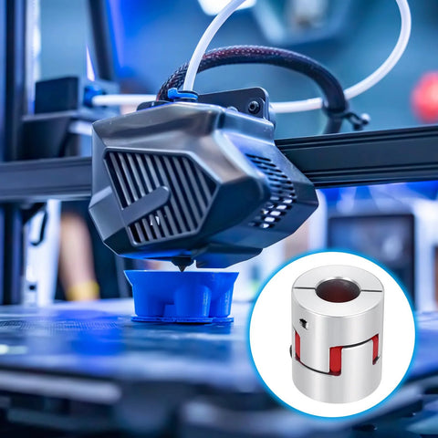 Aluminum shaft coupling for 3D printers; shows extruder head and inset silver spider coupling (8–14 mm, L35×D30)