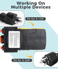 50 Amp To 20 Amp RV Power Adapter For 110V Sites with plug detail, NEMA 14-50P To 4 X 5-20R splitter, 1.5 Ft cord shown
