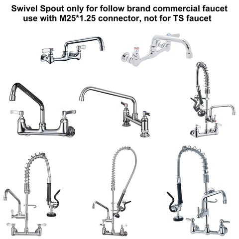 Various commercial kitchen faucets compatible with 8 Inch Swivel Spout Replacement Kit For Commercial Kitchen Sink Faucets With M25x1 25mm Connector 2 GPM Aerator 360 Degree Stainless Steel Chrome Finish Add On Spout Pro Grade.