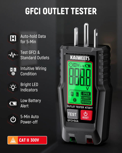 GFCI Outlet Tester With LCD Display And Auto Hold For 120V AC Home Outlets, 3-Prong Wiring Detector, Voltage Socket Checker