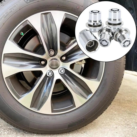 M12 X 1.5 Wheel Lock Lug Nut Set With Key displayed on a vehicle wheel, showcasing rugged steel construction for anti-theft security.