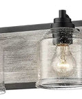 Four-Light Farmhouse Vanity Light Over Mirror With Bubble Glass Shades, Rustic Gray Wood-Look Metal Backplate