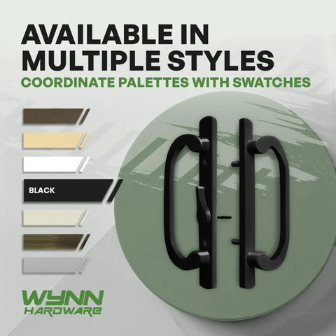 Heavy Duty Sliding Patio Glass Door Handle Replacement Kit Featuring Non Mortise Offset Latch And Matte Black Finish For Thick Frames and swatch options.