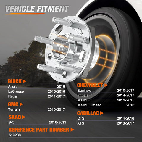Beefy Front Or Rear Wheel Hub Bearing Assembly 5 Lug OEM 513288 Fits Chevy Equinox Malibu Impala GMC Terrain Cadillac XTS CTS Buick Regal Lacrosse 2010 To 2017 with vehicle fitment list in background.