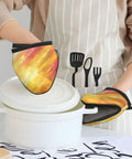 Awesome Yellow Orange Silicone Oven Mitts With Grip And Anti-Slip Design For Hot Pots And Pans To Keep Your Hands Safe While Cooking Delicious Meals, lifting lid off pot.