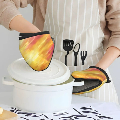 Awesome Yellow Orange Silicone Oven Mitts With Grip And Anti-Slip Design For Hot Pots And Pans To Keep Your Hands Safe While Cooking Delicious Meals, lifting lid off pot.