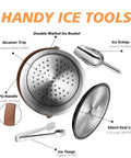 Double Wall Vacuum Insulated Ice Bucket With Lid, Scoop, Ice Tong, Strainer And Leather Handle components labeled