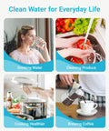 Woman drinking water, washing produce, cooking, brewing coffee; Faucet Water Filter Replacement For Brita Filter And On Tap Filtration System 4 Pack Premium Coconut Activated Carbon Block Reduces Chlorine, Heavy Metals, Taste And Odor, Sediment, Rust For Clean Tap Water.