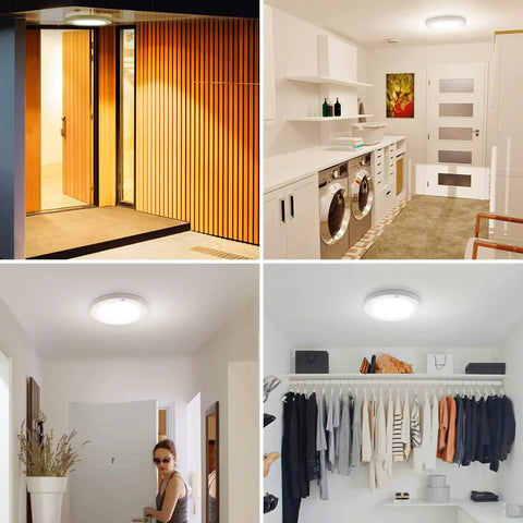 Motion Sensor LED Ceiling Light For Indoor Use 18W Flush Mount Fixture Delivers 1600 Lumens installed in various rooms