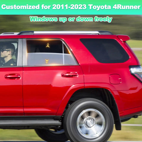 Side view of a red Toyota 4Runner with rear window shades for 2011-2023 models, showing breathable mesh privacy screens.
