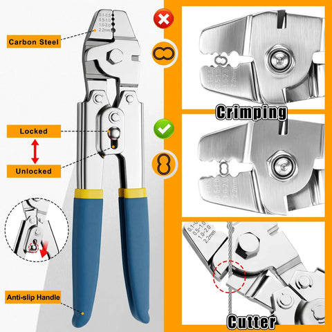 Heavy Duty Wire Rope Crimping Tool Kit With 1/16 Inch Stainless Steel Cable And Cutter, Pro Grade Crimper, 210 Aluminum Crimp Loop Sleeves, 50 Pcs Thimbles, Gloves For Railing, String Lights, And Fishing, carbon steel crimping tool with anti-slip handle