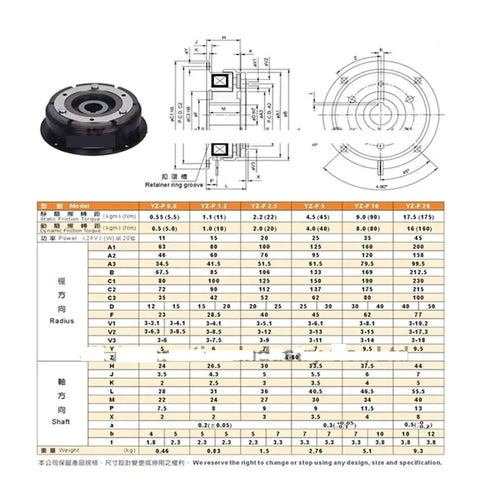 Technical diagram and specifications of Dry Single Plate Electromagnetic Brake System Built To Last For Clutches And Brakes DC 24V 15W