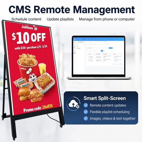 43 Inch Indoor Digital Signage Display Portable LCD Menu Board showcasing remote management with promotional content.