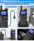 10W Two Way Radio For Outdoor Survival, your go-to rechargeable walkie talkie with NOAA weather, USB-C and base charging shown.