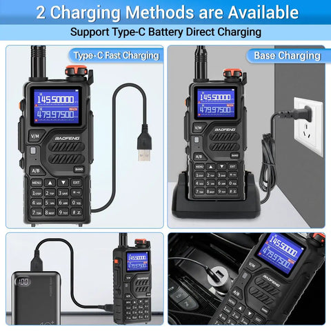 10W Two Way Radio For Outdoor Survival, your go-to rechargeable walkie talkie with NOAA weather, USB-C and base charging shown.