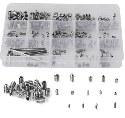 Massive 340 Piece Metric Hex Socket Head Cup Point Set Screw Kit M2.5 Through M8 With Allen Head Grub Screws Internal Hex Drive Headless Set Screws 304 Stainless Steel Includes 6 Hex Wrenches