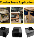 Heavy Duty 3-Way Corner Bracket Kit For 4x4 And 2x4 Woodwork shown in use on various wooden structures; front view of black metal brackets.