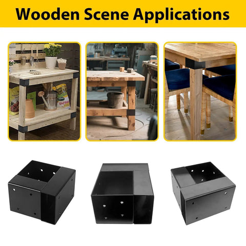 Heavy Duty 3-Way Corner Bracket Kit For 4x4 And 2x4 Woodwork shown in use on various wooden structures; front view of black metal brackets.