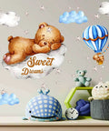 Moon And Stars Sleeping Bear Wall Stickers Set for Nursery Decor, featuring teddy bear, hot air balloon, stars, and clouds.