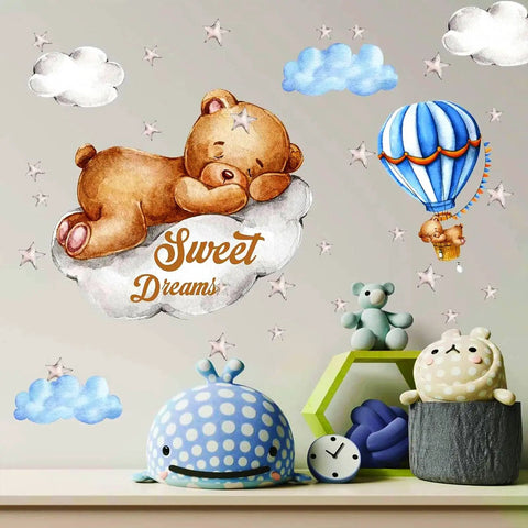 Moon And Stars Sleeping Bear Wall Stickers Set for Nursery Decor, featuring teddy bear, hot air balloon, stars, and clouds.