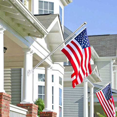 2 Pack Flag Pole Rings, Slick Spinning One Inch Clips Cut Wrapping Stress, Rock Solid Aluminum Steel Hardware, Easy Slide Snap Carabiners Make Outdoor Flag Setup A Quick Breeze For 0.75 1.02 Inch Poles, American flag displayed on front porch.