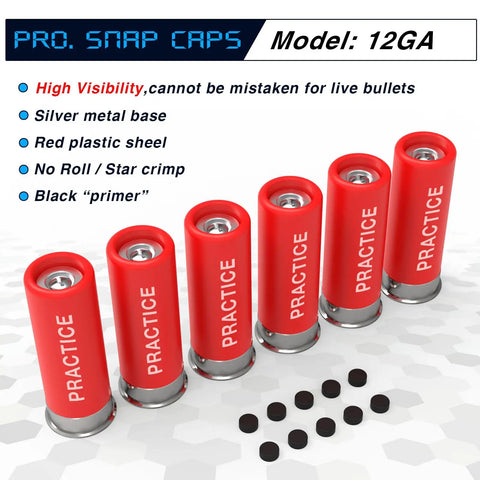 Image of 12 Gauge Snap Caps Training Dummy Rounds, Reusable Dry Fire Practice Rounds Close To Real Weight For Safe Loading, Unloading, Chambering And Malfunction Drills, 6 Pack with red shells and silver bases.