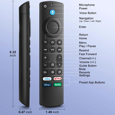 Universal Voice Remote Replacement For Fire TV And Smart TVs Including Insignia Toshiba And Pioneer Models From Omni Series To 4 Series With Easy Setup And No Fuss Plug And Play Compatibility showing button layout and dimensions