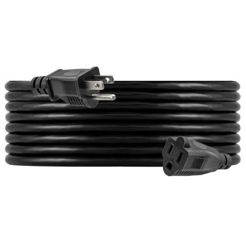 Outdoor Extension Cord 15 Feet Grounded Heavy Duty 16 AWG 3 Prong ETL Listed Black coiled showing prongs