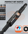 35 Piece Magnetic Nut Driver Set With One Quarter Inch Hex Shank Quick Release Extensions And Impact Socket Adapters shown with S2 bits and magnetic feature