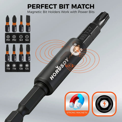 35 Piece Magnetic Nut Driver Set With One Quarter Inch Hex Shank Quick Release Extensions And Impact Socket Adapters shown with S2 bits and magnetic feature