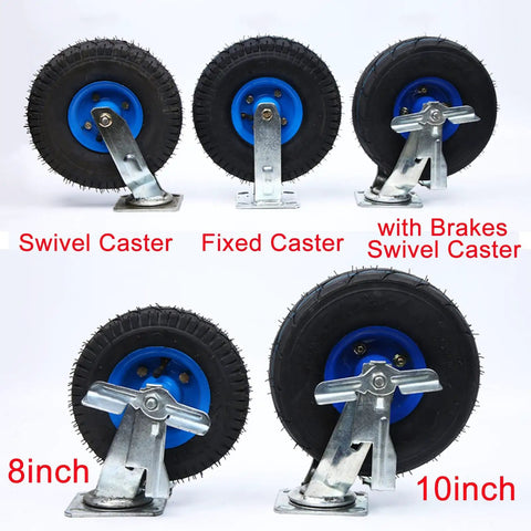 Tough As Nails Heavy Duty Industrial Casters With 8In And 10In Pneumatic Rubber Tires showcasing fixed and swivel designs.