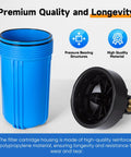 Two Stage Whole House Water Filtration System With Ten Inch By Four Point Five Inch Universal Housing One Inch Inlet And Outlet NSF 42 Certified Sediment And Carbon Block Filters External Pressure Gauges Easy Cartridge Replacements blue polypropylene housing and black cap