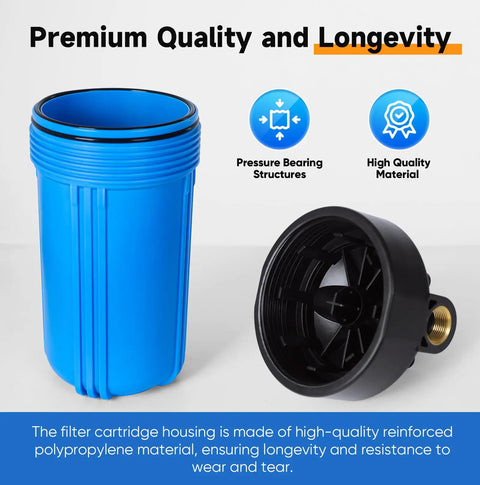 Two Stage Whole House Water Filtration System With Ten Inch By Four Point Five Inch Universal Housing One Inch Inlet And Outlet NSF 42 Certified Sediment And Carbon Block Filters External Pressure Gauges Easy Cartridge Replacements blue polypropylene housing and black cap