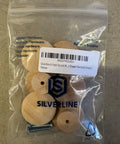 Six Pack Natural Wood Mushroom Cabinet Knobs One Point Five Inch Wide, unfinished drawer handles in packaging with screws.