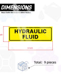 9 Pack Hydraulic Fluid Stickers 6x2 Inch Waterproof Decal displaying hydraulic fluid label dimensions and design.
