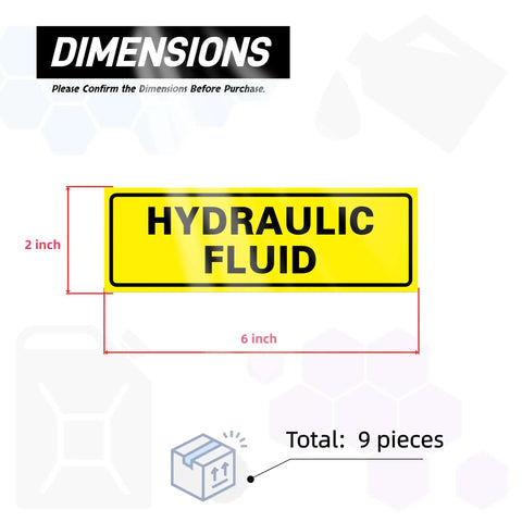 9 Pack Hydraulic Fluid Stickers 6x2 Inch Waterproof Decal displaying hydraulic fluid label dimensions and design.