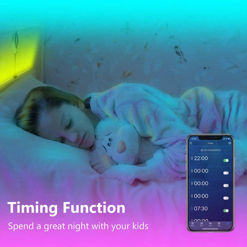 Child sleeping with Five Volt LED Strip Lights 100 Feet Dope Color Changing With Music Sync Bluetooth Remote Control next to app screen.