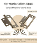 Beefy Antique Brass Non Mortise Cabinet Door Hinge Set Featuring Pro Grade Steel Build For Furniture Hardware And Smooth As Butter Swinging Action Pack Of Four Pieces with mounting screws.