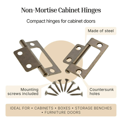 Beefy Antique Brass Non Mortise Cabinet Door Hinge Set Featuring Pro Grade Steel Build For Furniture Hardware And Smooth As Butter Swinging Action Pack Of Four Pieces with mounting screws.