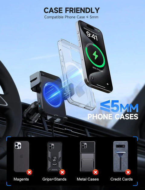 Wireless Car Charger 15W Auto Clamping With 360 Degree Rotating Phone Holder showing case compatibility on car dashboard