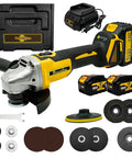 RhovixStar cordless brushless angle grinder with 3/8 in spindle; yellow/black, with batteries, charger, case and discs.