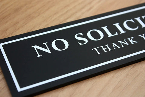 No Soliciting Sign For Front Door And Home Office, No Solicitation Sign For Visitors, Ultra Strong 3M Adhesive, Black 120 Mil, Wood Surface