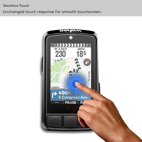 Hand using Anti Glare Tempered Glass Screen Protector for Wahoo Elemnt Roam V3 2.8 Inch Touchscreen Matte Finish 2 Pack on bike computer