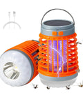 Solar Powered Outdoor Bug Zapper that is waterproof, portable and rechargeable with USB charging, showing orange design with LED light.