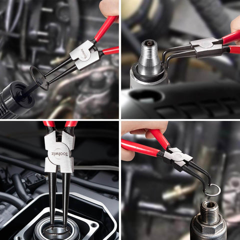 4 Piece Snap Ring Pliers Set With 7 Inch Internal And External Circlip Pliers Heavy Duty Straight And Bent Jaw Retaining Ring Pliers For Auto Home And DIY Projects With Durable Storage Pouch in use on automotive components