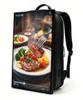 Portable Wearable Ad Backpack Packs 21.5 Inch Full HD LCD Screen With Built In Wifi Connectivity, Sunlight Readable Display showing a steak dinner.