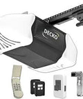 Heavy Duty 3/4 HP Chain Drive Garage Door Opener With Reduced Noise And Easy Install Includes Locking Wall Control Two 3 Button Remotes And Free Wireless Keypad Fits Sectional Doors Up To 7 Feet Tall And 18 Feet Wide Extension Available showing main motor and accessories.