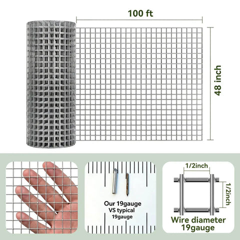 Heavy Duty Beefed Up Hot Dipped Galvanized After Welding Hardware Cloth Half Inch Welded Wire Fence Roll 48 By 100 Feet, 19 Gauge For Garden Protection, Poultry, Rabbits, Rodents, Gophers And Snakes, Plant Support And Netting, 1/2 inch mesh