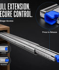 Beefy Full Extension Heavy Duty Drawer Slides With Ball Bearings, Quiet Smooth Glide, Side Mount Rails For Cabinets And Tool Chests, High Capacity Load, Rust Resistant Steel, Easy Install, 3 Fold Extension showing lock release