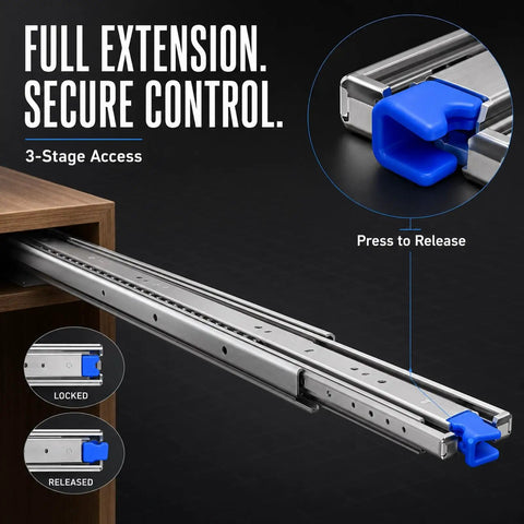 Beefy Full Extension Heavy Duty Drawer Slides With Ball Bearings, Quiet Smooth Glide, Side Mount Rails For Cabinets And Tool Chests, High Capacity Load, Rust Resistant Steel, Easy Install, 3 Fold Extension showing lock release
